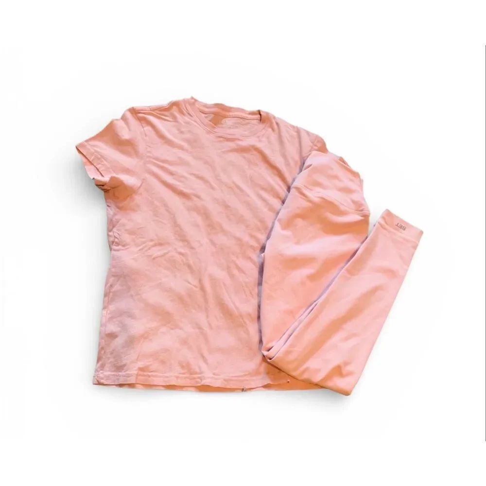 SET ACTIVE pink Airluxe Leggings & Short Sleeve classic T Shirt Set Lot sz S M